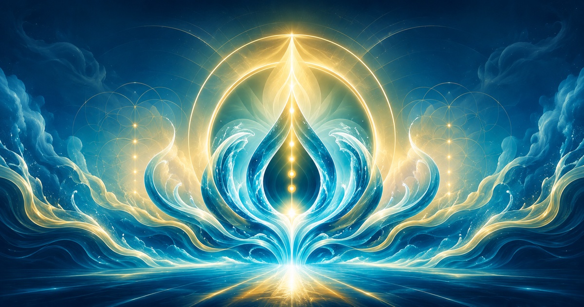 Luminous teal and gold currents forming a calm central symbol of clarity and abundance.